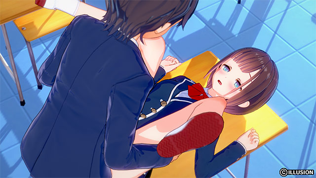 Lifting a girl in uniform onto a classroom desk