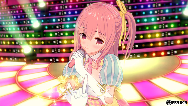 A pink-haired girl holding a microphone on stage