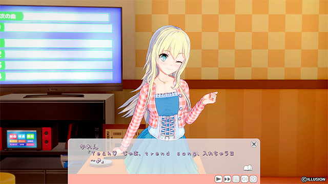 A blonde girl winking in a karaoke room