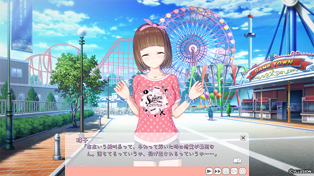 A girl in pink talking at an amusement park with a Ferris wheel