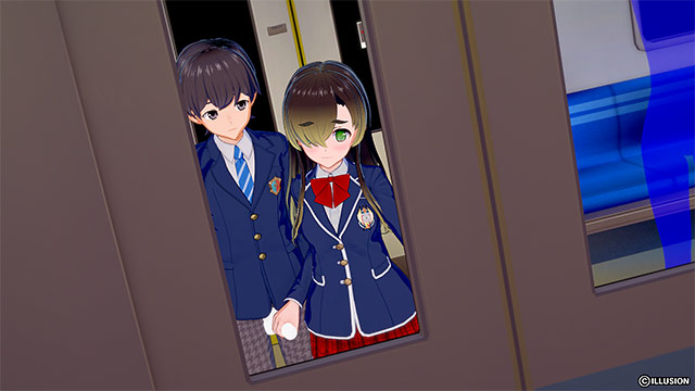 A uniformed couple holding hands through a train-door window