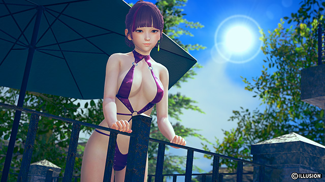 A girl in a swimsuit under a parasol