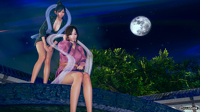 Girls in yukata on a moonlit roof