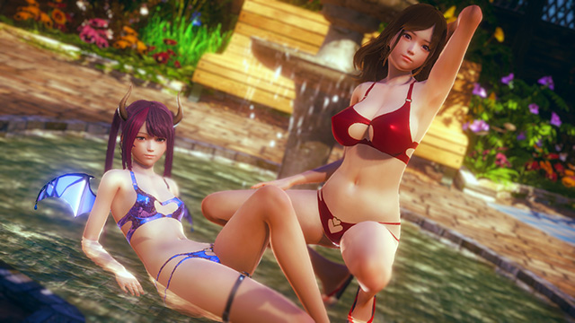 Two girls in swimsuits in an open-air bath