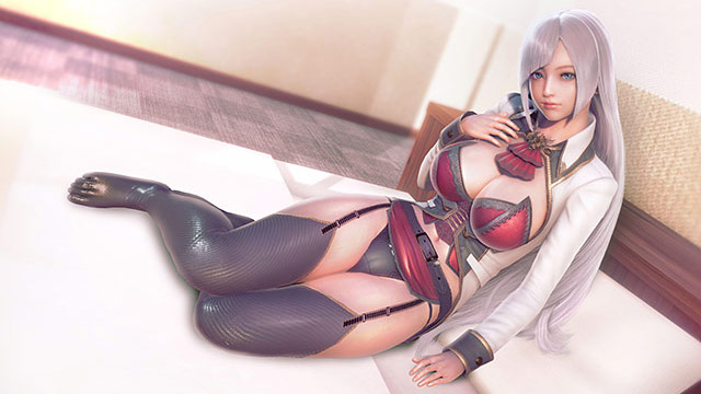A silver-haired girl sitting on a bed