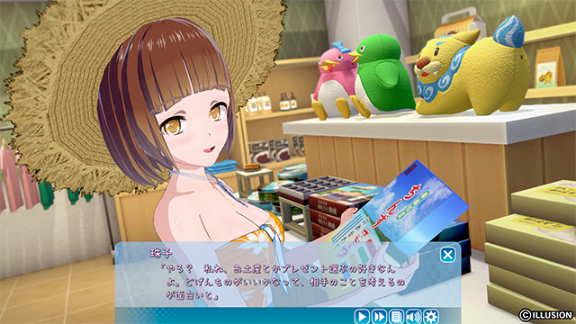 A girl in a straw hat talking about souvenirs in a shop