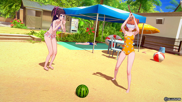 Girls in swimsuits splitting a watermelon on the sand